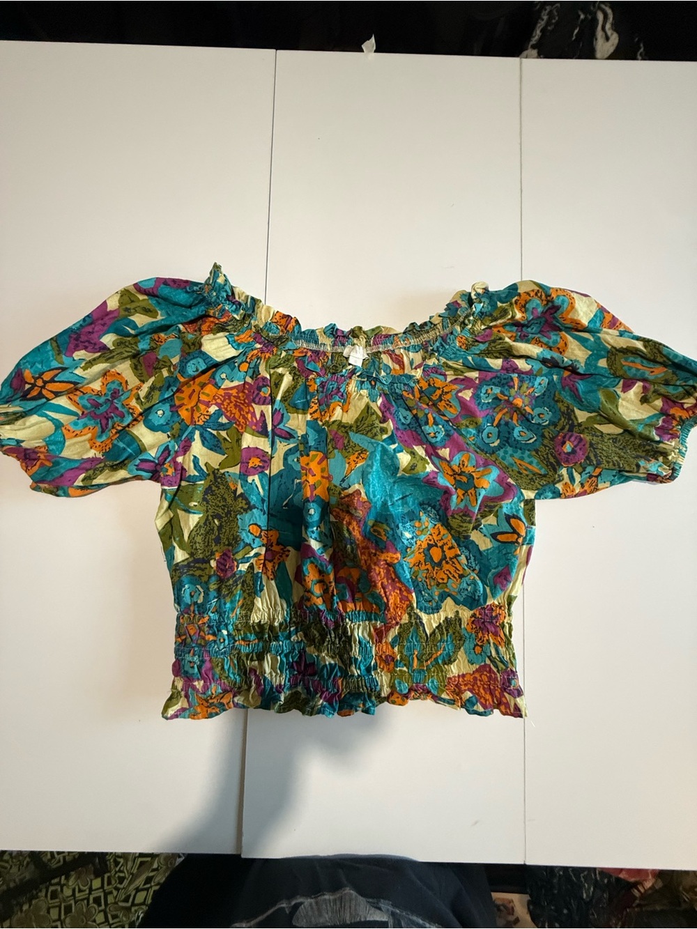 Floral Off-Shoulder Crop Top in Teal and Orange